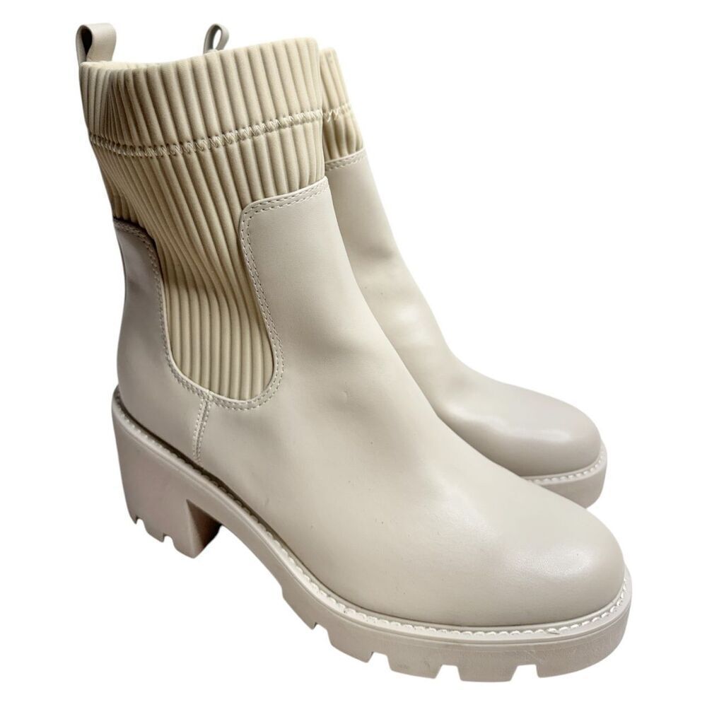 Bar III Boots Cream Chunky Heel Size 11 Womens‎ Ribbed Ankle Booties Side Zip